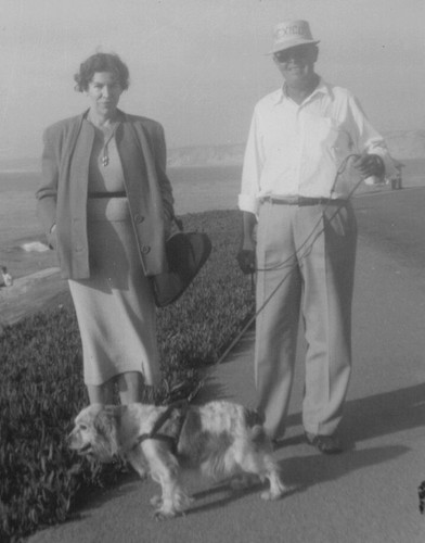 Man woman walking dog beach - man,